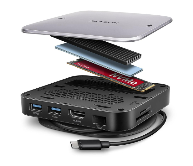AXAGON HMC-UFO Wieloportowy hub USB 9in1, 10Gbps, 2x USB-A, HDMI 4K/60Hz, M.2 NVMe/SATA, audio, PD 100W, SD/microSD, GLAN, 65cm USB-C kabel - 1485462 - zdjęcie